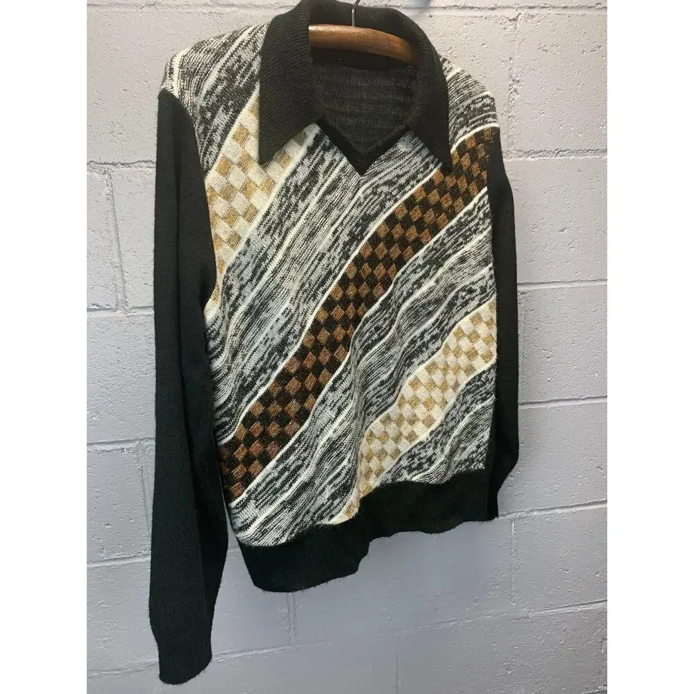 Vintage 1970s Collared Color Block Checkered Sweater V Neck Dagger Collar Unisex